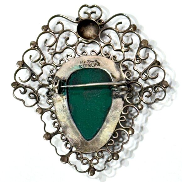 Vintage 1960s Mexico Sterling Silver Brooch Pin Green Onyx Aztec Mayan God (A3) - Picture 3 of 4